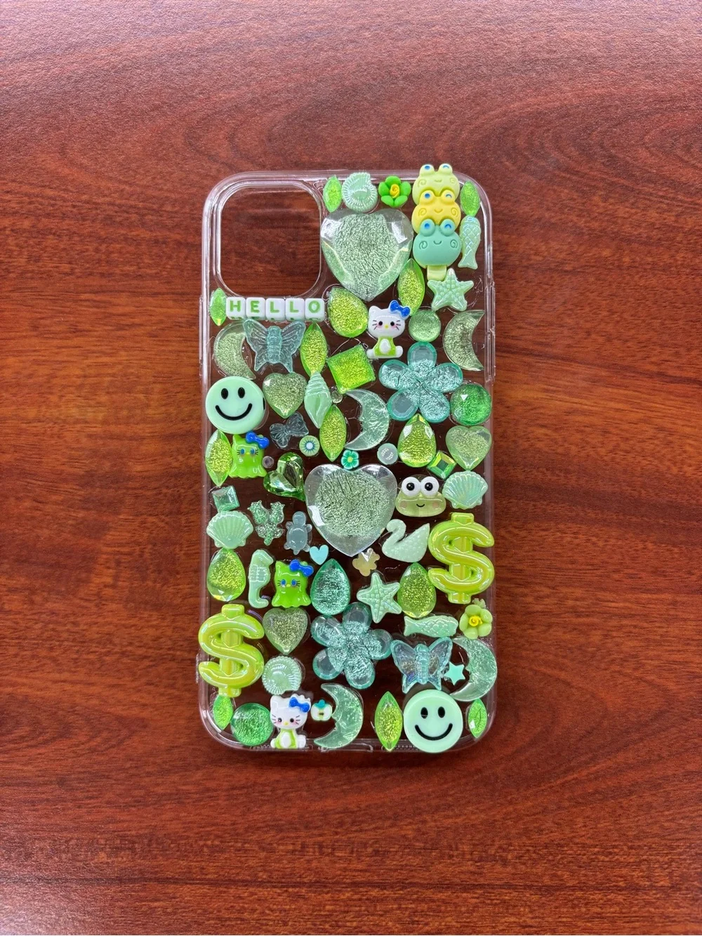Apple Clear Phone Case with Lime Green Glitter Charms